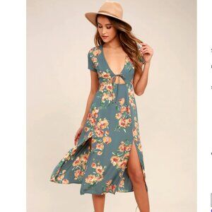 Lulus Best Day Of My Life Dusty Sage Floral Dress Cut Out Tie Waist, Size M